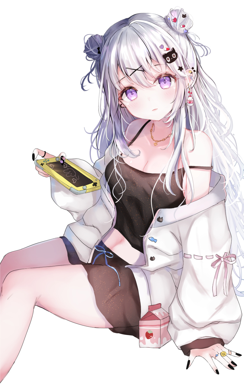 1girl absurdres bangs black_nails breasts camisole cleavage double_bun eyebrows_visible_through_hair hair_ornament handheld_game_console highres invisible_chair jacket long_hair looking_at_viewer medium_breasts midriff open_clothes open_jacket original purple_eyes sakura_mochiko sitting solo transparent_background white_hair