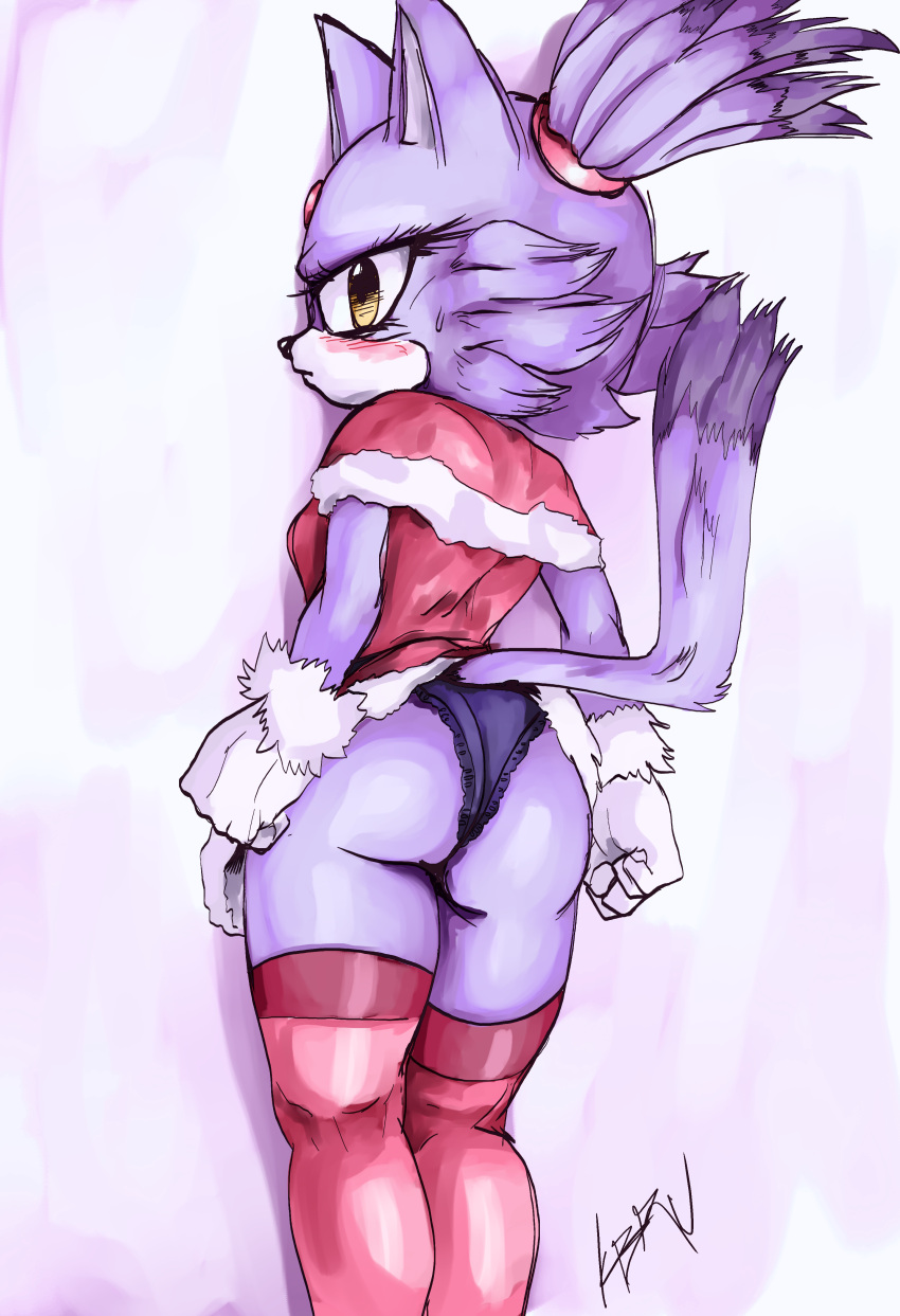 absurd_res anthro blaze_the_cat blush butt christmas christmas_clothing clothing domestic_cat felid feline felis female frown hi_res holidays kerbaru legwear looking_at_viewer looking_back mammal panties rear_view sega simple_background solo sonic_the_hedgehog_(series) thigh_highs underwear white_background