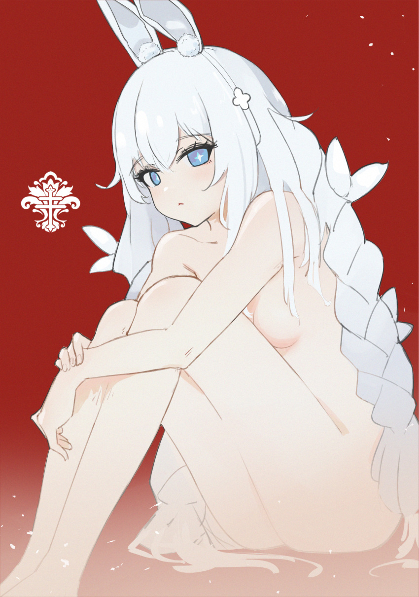 +_+ 1girl absurdres animal_ears ass azur_lane bangs bare_shoulders blue_eyes braid breasts closed_mouth collarbone expressionless fake_animal_ears from_side gradient gradient_background grey_hair hair_between_eyes hairband highres hugging_own_legs knees_up le_malin_(azur_lane) le_malin_(listless_lapin)_(azur_lane) legs looking_at_viewer low_twin_braids nude pure_white_a_type rabbit_ears red_background sideboob sitting small_breasts solo thighs twin_braids vichya_dominion_(emblem)