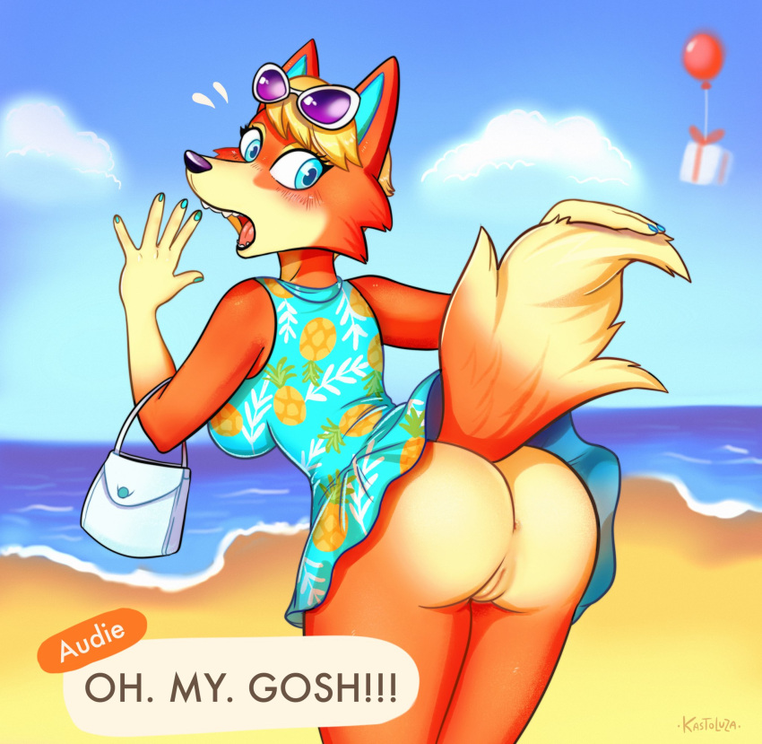 5_fingers animal_crossing anthro anus audie_(animal_crossing) beach blue_eyes blush butt canid canine canis clothed clothing dialogue dipstick_tail dress eyewear eyewear_on_head female fingers fur genitals handbag header_box hi_res kastoluza looking_back mammal markings nintendo no_underwear open_mouth orange_body orange_fur pussy raised_tail rear_view sand seaside solo standing sunglasses sunglasses_on_head surprise tail_markings tail_upskirt tan_body tan_fur upskirt video_games water wolf