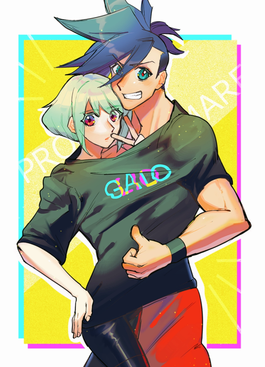 2boys androgynous black_pants black_shirt border character_name copyright_name eyebrows_visible_through_hair galo_thymos green_hair grin highres lio_fotia lukiarab male_focus multiple_boys oversized_clothes oversized_shirt pants promare purple_eyes shared_clothes shared_shirt shirt short_hair smile thumbs_up v yaoi yellow_background