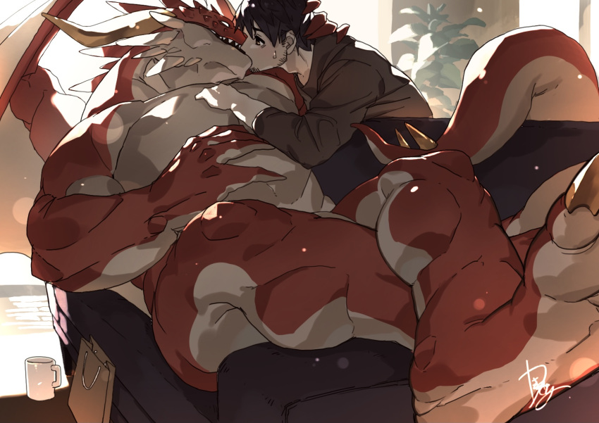 2boys abs bara brown_hair clothed_male_nude_male contemporary couple crossed_legs cup dragon dragon_boy dragon_wings facial_hair feet foreshortening furry furry_male furry_with_non-furry goatee hand_on_another's_head highres interspecies kimidori_(dera_kimidori) kiss large_pectorals lying male_focus mug multiple_boys muscular muscular_male nude on_back original pectorals perspective red_scales short_hair sideburns size_difference stomach stubble sunlight sweatdrop wings yaoi