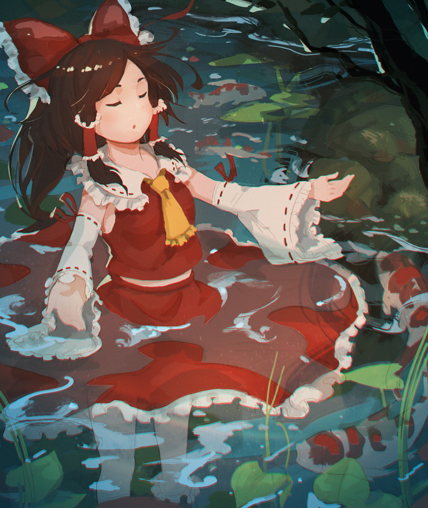 1girl :o akamidoriao_(rgb) ascot bangs blush bow brown_hair closed_eyes commentary detached_sleeves facing_viewer feet_out_of_frame fish frilled_bow frilled_hair_tubes frilled_shirt_collar frilled_skirt frilled_sleeves frills hair_bow hair_tubes hakurei_reimu highres koi leaf long_hair parted_bangs ponytail red_bow red_skirt red_vest ribbon-trimmed_sleeves ribbon_trim rock sidelocks skirt skirt_set solo touhou tree vest wading water white_sleeves wide_sleeves yellow_ascot