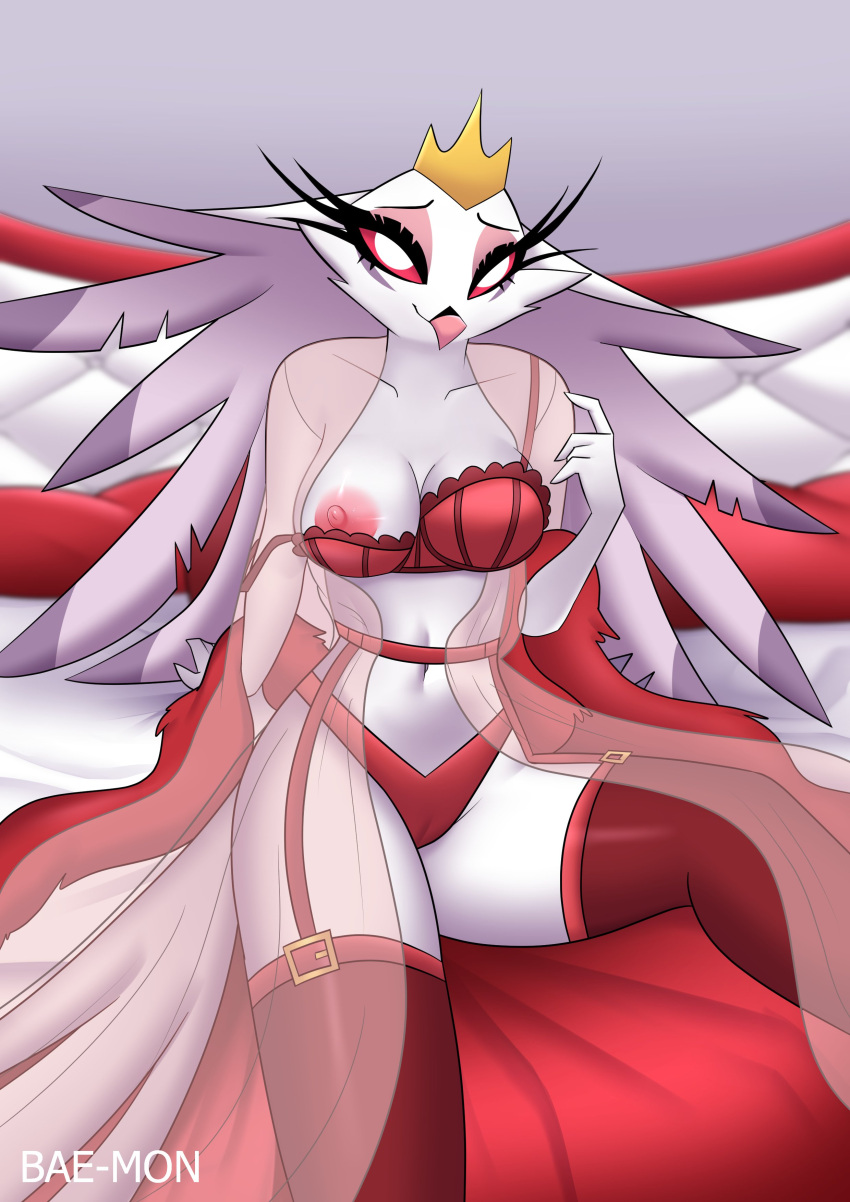 absurd_res anthro avian bae-mon beak breasts clothed clothing crown demon female fur helluva_boss hi_res looking_at_viewer mature_female nipples partially_clothed pink_eyes smile solo stella_(helluva_boss) white_body white_fur