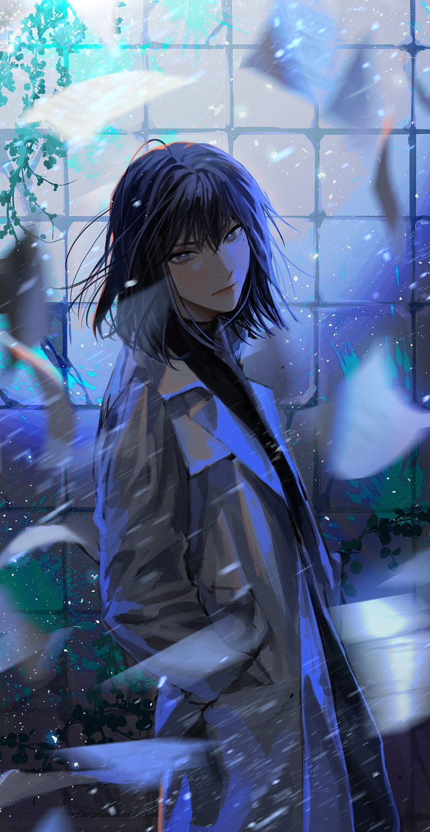 1girl absurdres black_hair blackbox_(blackbox9158) coat commentary_request expressionless flying_paper from_side highres korean_commentary light_particles looking_at_viewer mole mole_under_eye omniscient_reader's_viewpoint paper short_hair solo sooyoung_han white_coat wind