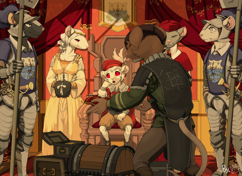 ambiguous_gender anthro armor child fur gold grey_body grey_fur hi_res humanoid inside mammal medieval mother mother_and_child murid murine needs parent parent_and_child rat rodent royalty unknown_artist white_body white_fur young