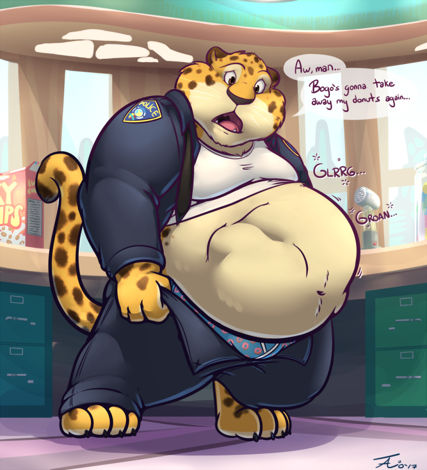 2017 4_fingers 4_toes abdominal_bulge anthro barefoot belly benjamin_clawhauser big_belly bottomwear bulge cereal_box cheetah chubby_anthro chubby_male claws clothed clothing dialogue digestion digestion_noises disney fangs feet felid feline fingers front_view fur hi_res holding_bottomwear holding_clothing holding_object holding_pants inside jacket looking_at_belly looking_down male mammal microphone navel necktie open_mouth overweight overweight_anthro overweight_male pants raised_tail shirt slightly_chubby soft_vore solo speech_bubble standing tanio text toe_claws toes tongue topwear underwear uniform vore zootopia