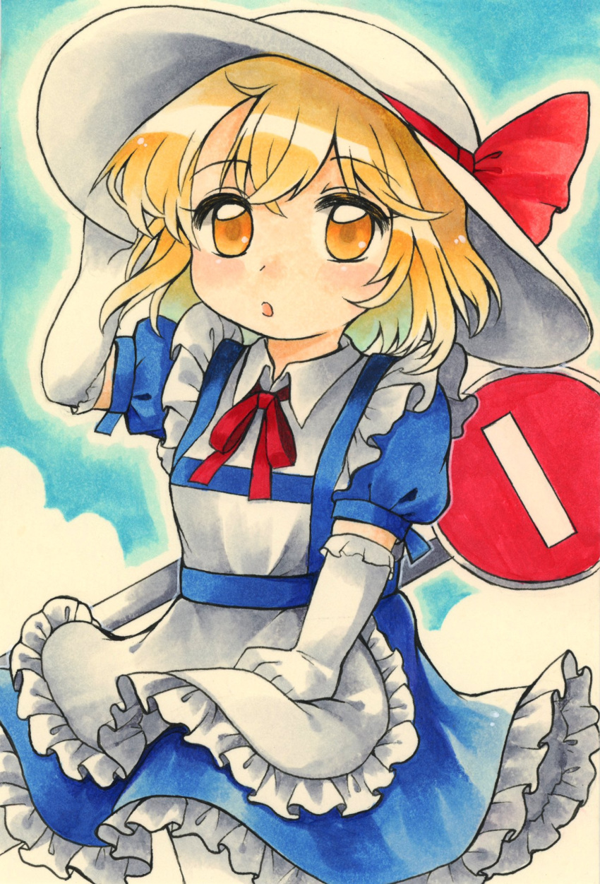 1girl blonde_hair blue_dress bow commentary_request dress elbow_gloves frilled_dress frilled_gloves frills gloves hat hat_bow highres kana_anaberal maa_(forsythia1729) marker_(medium) medium_hair open_mouth puffy_short_sleeves puffy_sleeves red_bow red_ribbon ribbon road_sign short_sleeves sign sun_hat touhou touhou_(pc-98) traditional_media wavy_hair white_gloves white_headwear yellow_eyes