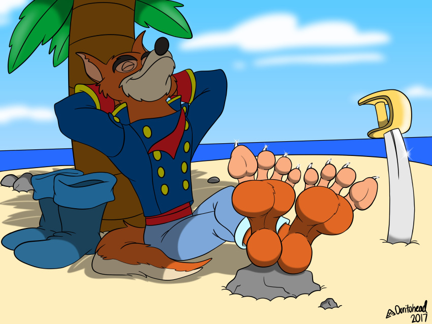 2017 absurd_res anthro artist_name barefoot beach canid canine canis detailed_background digital_media_(artwork) disney don_karnage doritohead eyes_closed feet foot_focus fur hands_behind_head hi_res long_tail male mammal melee_weapon multicolored_body multicolored_fur orange_body orange_fur outside palm_tree plant sea seaside signature sitting smile solo sword talespin tan_body tan_fur toes tree two_tone_body two_tone_fur water weapon wolf