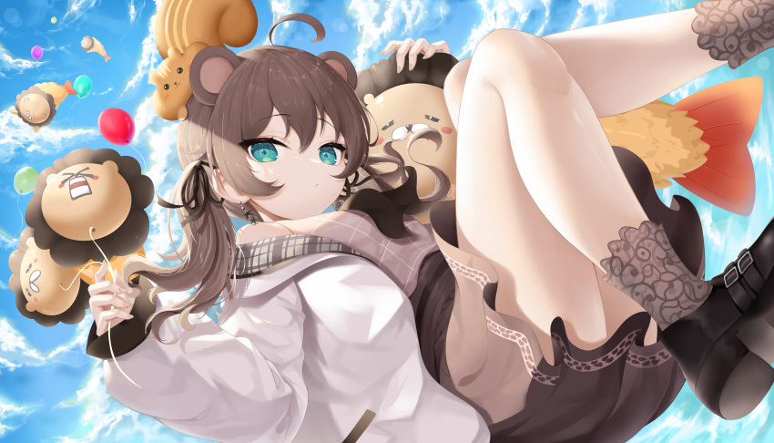 1girl absurdres ahoge animal_ears animal_on_head balloon bangs bear_ears black_footwear black_ribbon blue_sky blush_stickers brown_hair brown_legwear brown_shirt brown_skirt closed_mouth clothing_cutout cloud cloudy_sky commentary day earrings ebi_frion_(natsuiro_matsuri) eyebrows_visible_through_hair falling fingernails flower_earrings from_below green_eyes hair_between_eyes high-waist_skirt highres holding holding_balloon hololive jacket jewelry light_rays long_hair long_sleeves looking_at_viewer natsuiro_matsuri off_shoulder official_alternate_costume on_head pocket ribbon roina_(effj7473) shiny shiny_hair shiny_skin shirt shoes shoulder_cutout sidelocks skirt sky sleeves_past_wrists socks squirrel striped striped_shirt stuffed_animal stuffed_toy sunlight twintails virtual_youtuber white_jacket