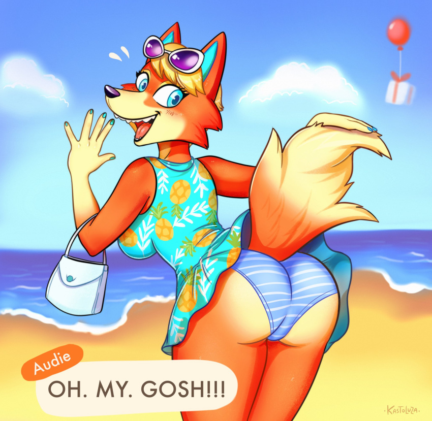 5_fingers animal_crossing anthro audie_(animal_crossing) beach blue_eyes blush bottomwear butt canid canine canis clothing dialogue dipstick_tail dress eyewear eyewear_on_head female fingers fur handbag header_box hi_res kastoluza looking_back mammal markings nintendo open_mouth orange_body orange_fur panties pattern_bottomwear pattern_clothing pattern_panties pattern_underwear raised_tail rear_view sand seaside smile solo standing striped_bottomwear striped_clothing striped_panties striped_underwear stripes sunglasses sunglasses_on_head tail_markings tail_upskirt tan_body tan_fur underwear upskirt video_games water wolf