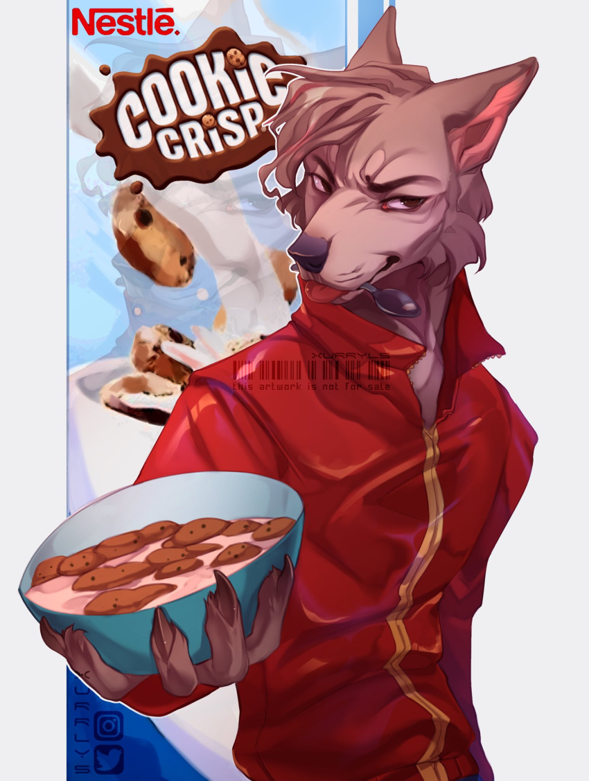 anthro canid canine canis cereal cereal_mascot chip_the_wolf clothing cookie_crisp food hi_res looking_at_viewer male mammal solo wolf xurryls