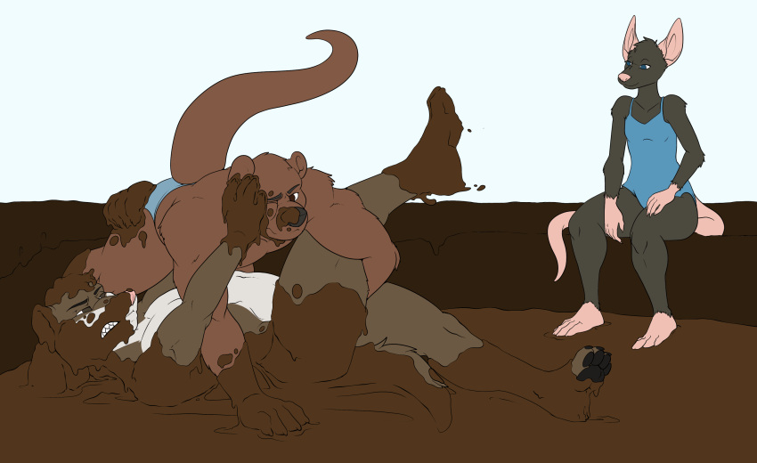 anthro clothing female ferin_(kelaiah) group hi_res looking_at_another lutrine male mammal mud mud_wrestling murid murine mustela mustelid musteline purplelimeade rat rodent speedo stoat swimwear true_musteline wrestling