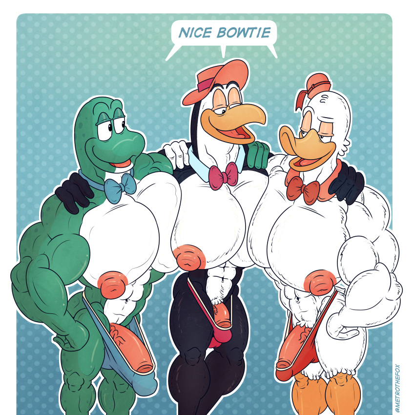 absurd_res amphibian anatid anseriform anthro avian bird bow_tie breast_squish breasts bulge duck frog gandy_goose group hi_res hoppity_hooper male male/male metrothefox nipples pecs penguin squish tennessee_tuxedo