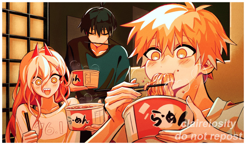 +_+ 1girl 2boys artist_name black_hair black_sweater blonde_hair chainsaw_man chopsticks chopsticks_in_mouth claireiosity cup_ramen demon_horns denji_(chainsaw_man) eating food hair_ornament hairclip hayakawa_aki_(chainsaw_man) highres horns multiple_boys noodles open_mouth pink_hair power_(chainsaw_man) ramen red_horns sharp_teeth sweater teeth