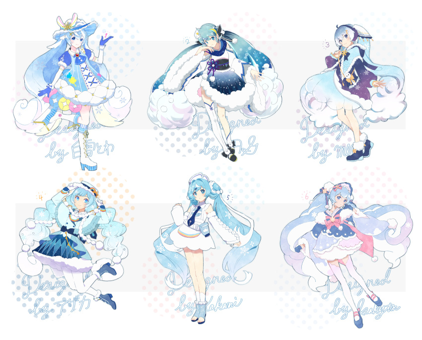 6+girls agonasubi ahoge ankle_boots aqua_hair artist_name ascot asymmetrical_legwear bangs bare_shoulders bird black_footwear blonde_hair blue_ascot blue_bow blue_capelet blue_dress blue_eyes blue_footwear blue_gloves blue_hair blue_headwear blue_jacket blue_necktie bonnet boots borrowed_design bow braid brooch capelet chick cross-laced_footwear curly_hair detached_sleeves diamond_(shape) dress earmuffs earrings elbow_gloves english_text footwear_bow full_body fur-trimmed_boots fur-trimmed_capelet fur-trimmed_dress fur-trimmed_footwear fur-trimmed_hood fur-trimmed_jacket fur-trimmed_sleeves fur_trim gem gloves gradient gradient_legwear hair_bow hair_flaps hair_intakes hair_ornament hair_ribbon hair_rings hairclip half_gloves hand_up hands_on_headwear hands_up hat hat_ornament hatsune_miku high_heel_boots high_heels highres holding hood hood_down hooded_jacket jacket japanese_clothes jewelry jumping kimono knee_boots kneehighs lace-up_boots layered_dress layered_gloves leaning_to_the_side legs_together long_hair long_sleeves looking_at_viewer multi-tied_hair multicolored_hair multiple_girls necktie obi pantyhose pink_bow platform_footwear pocket polka_dot polka_dot_background pom_pom_(clothes) pom_pom_hair_ornament puffy_long_sleeves puffy_short_sleeves puffy_sleeves rainbow_order red_gemstone ribbon sash shoes short_dress short_kimono short_sleeves sleeves_past_wrists smile snowflake_ornament snowflake_print snowflakes socks standing standing_on_one_leg starry_sky_print streaked_hair striped sun_symbol teruterubouzu thighhighs toeless_footwear toeless_legwear twintails two-tone_hair vertical_stripes very_long_hair vocaloid white_background white_dress white_footwear white_gloves white_hair white_headwear white_legwear wide_sleeves yellow_bow yellow_ribbon yuki_miku zettai_ryouiki
