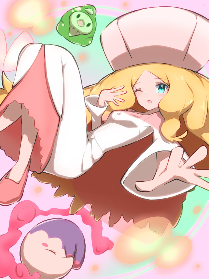 1girl ;o bangs blonde_hair blue_eyes caitlin_(pokemon) dress duosion eyebrows_visible_through_hair floating hat highres long_hair long_sleeves looking_at_viewer musharna nuneno one_eye_closed open_mouth outstretched_hand parted_bangs pink_footwear pokemon pokemon_(game) pokemon_bw very_long_hair white_dress