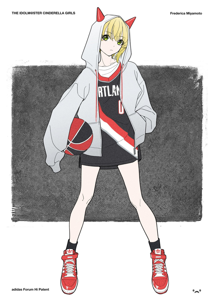 1girl acubi_tomaranai adidas artist_logo bangs basketball basketball_jersey black_legwear blonde_hair character_name closed_mouth copyright_name full_body green_eyes grey_jacket hand_in_pocket highres hood hood_up hooded_jacket idolmaster idolmaster_cinderella_girls jacket looking_at_viewer medium_hair miyamoto_frederica portland_trail_blazers product_placement shirt shoes sleeves_past_fingers sleeves_past_wrists sneakers socks solo white_shirt