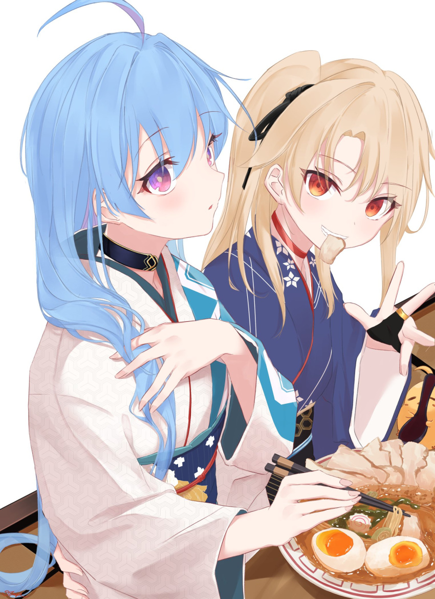 2girls ahoge azur_lane blonde_hair blue_hair blue_kimono blush bowl chopsticks cleveland_(azur_lane) cleveland_(new_year's_challenge!)_(azur_lane) egg eyebrows_visible_through_hair food food_in_mouth hair_between_eyes hair_ornament helena_(azur_lane) helena_(new_year's_bluebird)_(azur_lane) highres japanese_clothes jewelry kimono long_hair manjuu_(azur_lane) meat medium_hair multicolored_hair multiple_girls noodles obi purple_eyes purple_hair ramen red_eyes ring sash simple_background sitting smile soup spoon table vayneeeee white_background white_kimono