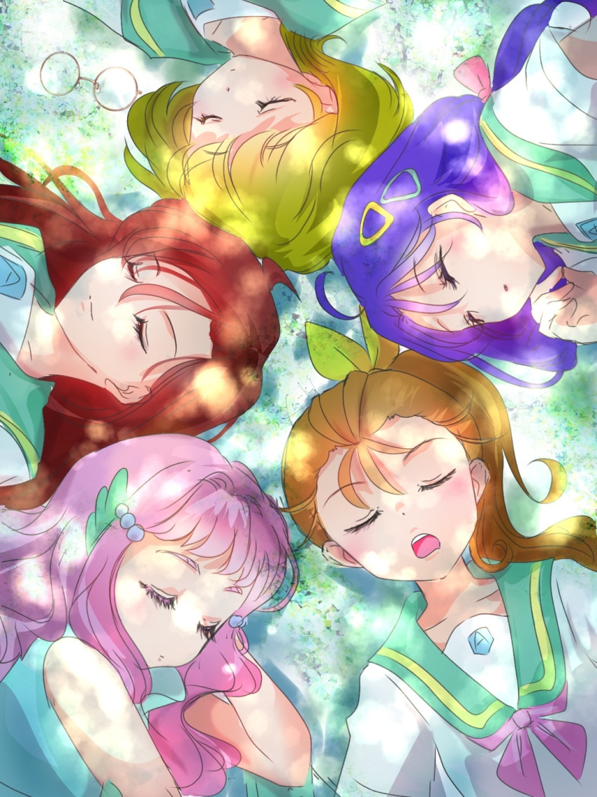 5girls aozora_middle_school_uniform blonde_hair closed_eyes closed_mouth dappled_sunlight drooling eyebrows_visible_through_hair eyewear_removed glasses hair_ornament head_on_hand highres ichinose_minori laura_la_mer leaning lying manekineko5319 mermaid monster_girl multiple_girls natsuumi_manatsu on_back on_side open_mouth orange_hair pink_hair precure purple_hair red_hair school_uniform shade sleeping sunlight suzumura_sango takizawa_asuka tropical-rouge!_precure