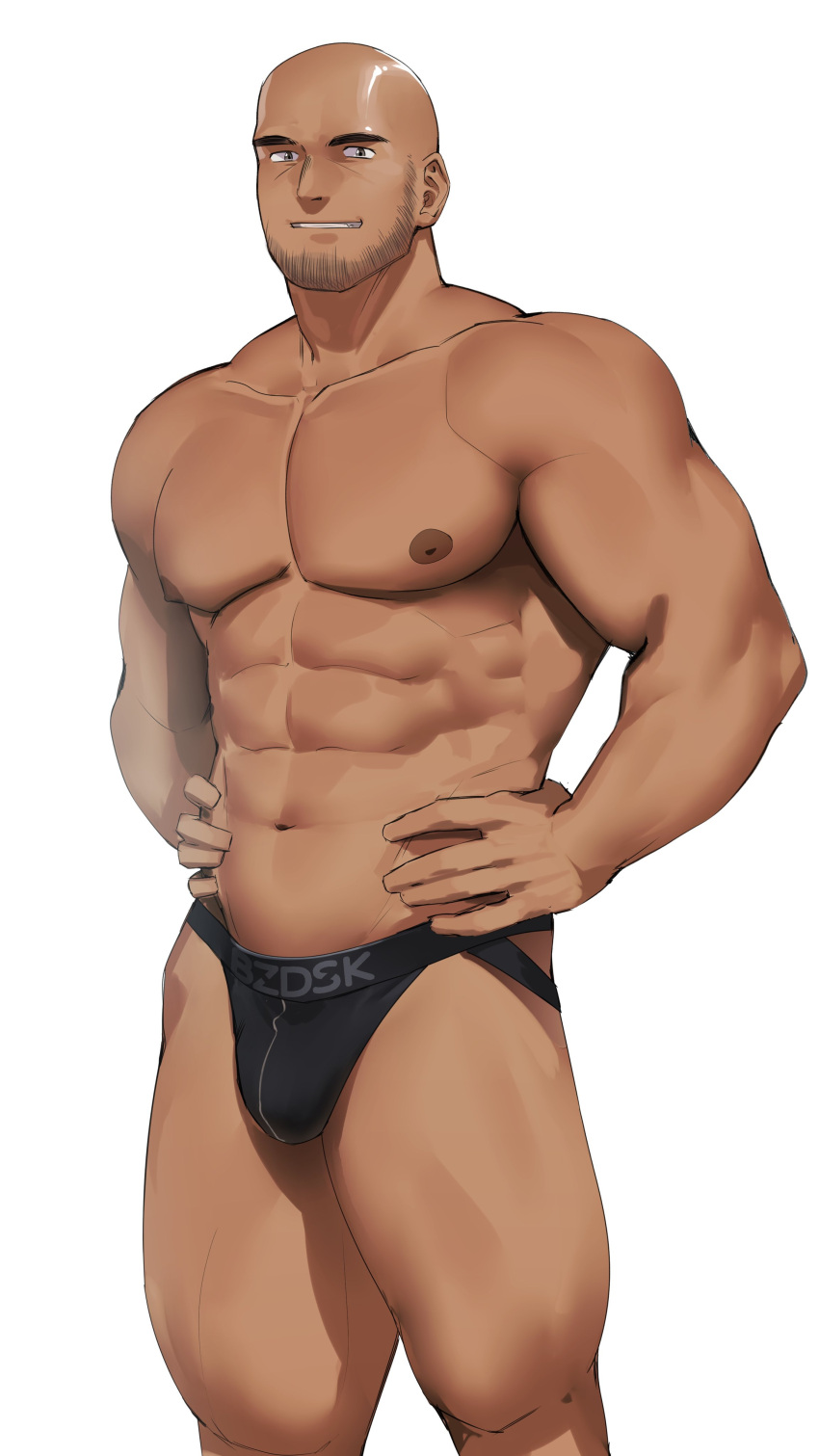 1boy abs absurdres bald bara highres hiroki_bzdsk jockstrap large_pectorals looking_at_viewer male_focus male_underwear mature_male muscular muscular_male navel nipples open_mouth original pectorals smile solo stomach topless topless_male underwear