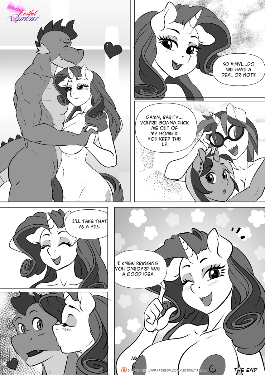 anthro anthro_on_anthro anthrofied big_breasts breasts colgate_(mlp) dialogue english_text equid equine eyewear female friendship_is_magic group hi_res horn kissing_cheek male male/female mammal my_little_pony nipples pia-sama spike_(mlp) sunglasses text unicorn vinyl_scratch_(mlp)