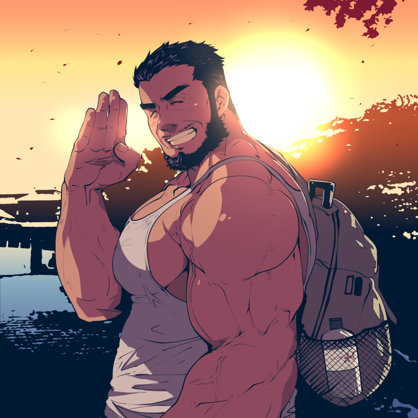 1boy absurdres bara beard closed_eyes commentary_request facial_hair highres large_pectorals male_focus mature_male muscular muscular_male open_mouth original pectorals rybiok sideburns sidepec smile solo sunset tank_top teeth