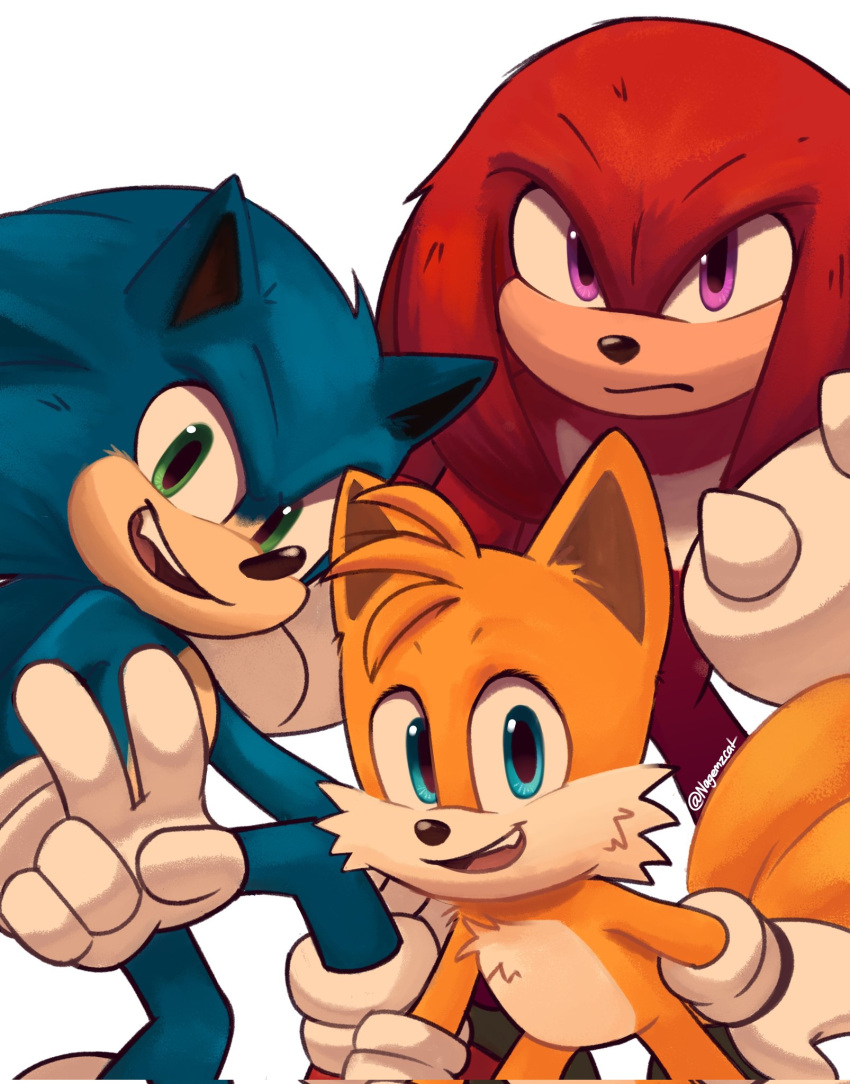 3boys animal_ears animal_nose blue_eyes blue_fur commentary english_commentary fox_boy fox_ears furry furry_male gloves green_eyes highres knuckles_the_echidna looking_at_viewer male_focus multiple_boys nagemzcat open_mouth pink_eyes red_fur simple_background smile sonic_(series) sonic_the_hedgehog sonic_the_hedgehog_2_(film) tail tails_(sonic) v video_game white_gloves