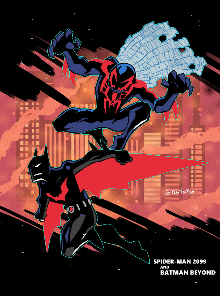 2boys absurdres batman batman_(series) batman_beyond black_bodysuit blue_bodysuit bodysuit cape copyright_name dc_comics highres male_focus marvel mask multiple_boys open_hands rariatto_(ganguri) spider-man_(2099) spider-man_(series) superhero terry_mcginnis trait_connection