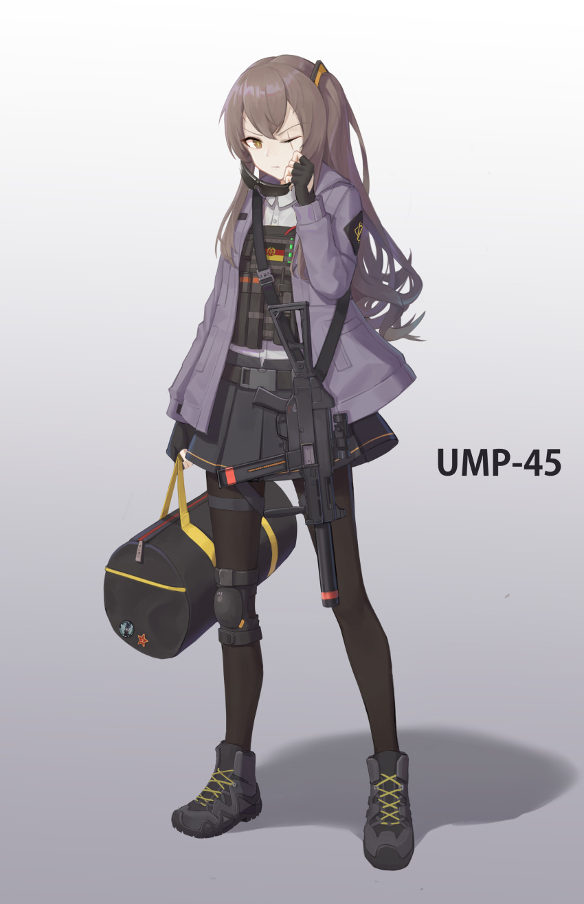 1girl absurdres alternate_costume arm_up armor bag bangs black_gloves black_legwear brown_eyes brown_hair character_name closed_mouth eyebrows_visible_through_hair fingerless_gloves full_body german_flag girls'_frontline gloves grey_skirt gun h&amp;k_ump h&amp;k_ump45 highres holding holding_bag jacket knee_pads long_hair looking_at_viewer mausratten one_eye_closed open_clothes open_jacket pantyhose purple_jacket scar scar_across_eye shirt shoes side_ponytail simple_background skirt sneakers solo standing submachine_gun ump45_(girls'_frontline) weapon white_shirt