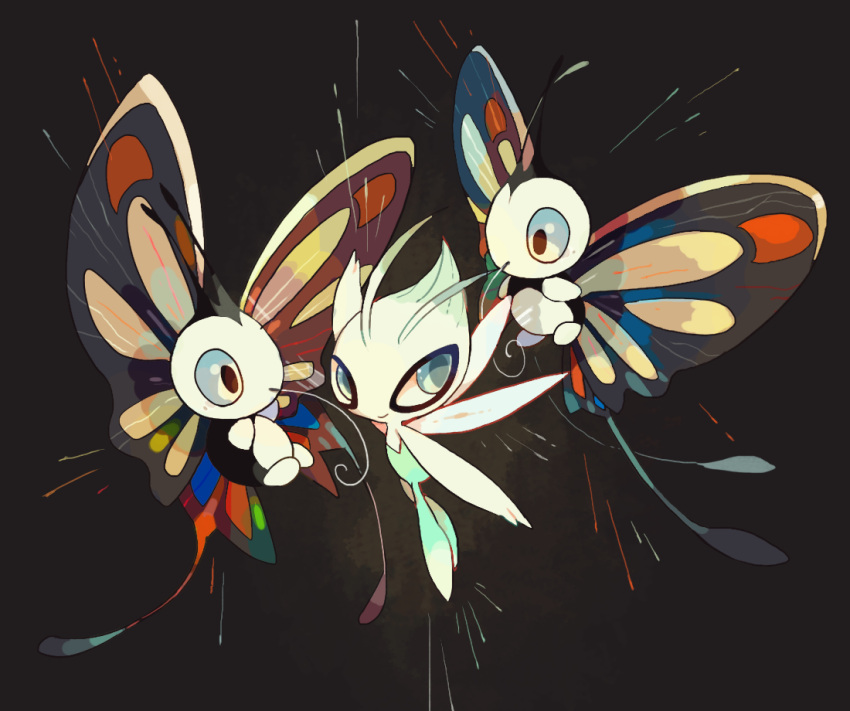 1other akadako antennae arm_up beautifly black_background black_eyes blue_eyes blue_sclera celebi closed_mouth colored_sclera colored_skin commentary_request dated_commentary fairy fairy_wings full_body green_skin happy looking_at_another looking_back multicolored_skin one-hour_drawing_challenge partial_commentary pokemon pokemon_(creature) simple_background smile two-tone_skin wings