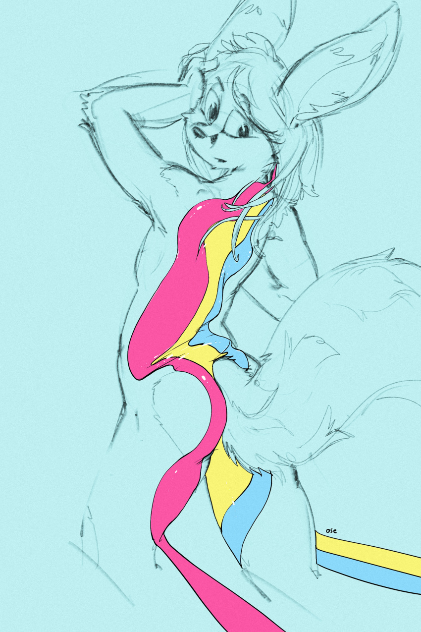 anthro big_ears biped butt elbow_tufts facial_markings fluffy fluffy_tail glistening glistening_eyes hair head_markings hi_res lgbt_pride long_hair looking_back male markings oselotti partially_colored pride_colors rear_view sketch solo
