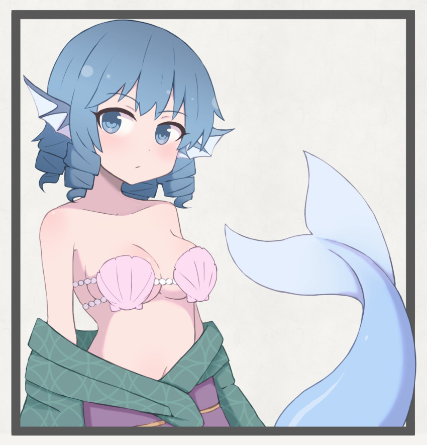 1girl bare_shoulders bikini blue_hair blush commentary_request green_kimono head_fins highres japanese_clothes kimono kneeless_mermaid mermaid monster_girl navel nuclear_cake obi purple_sash sash seashell shell shell_bikini short_hair swimsuit touhou undressing wakasagihime