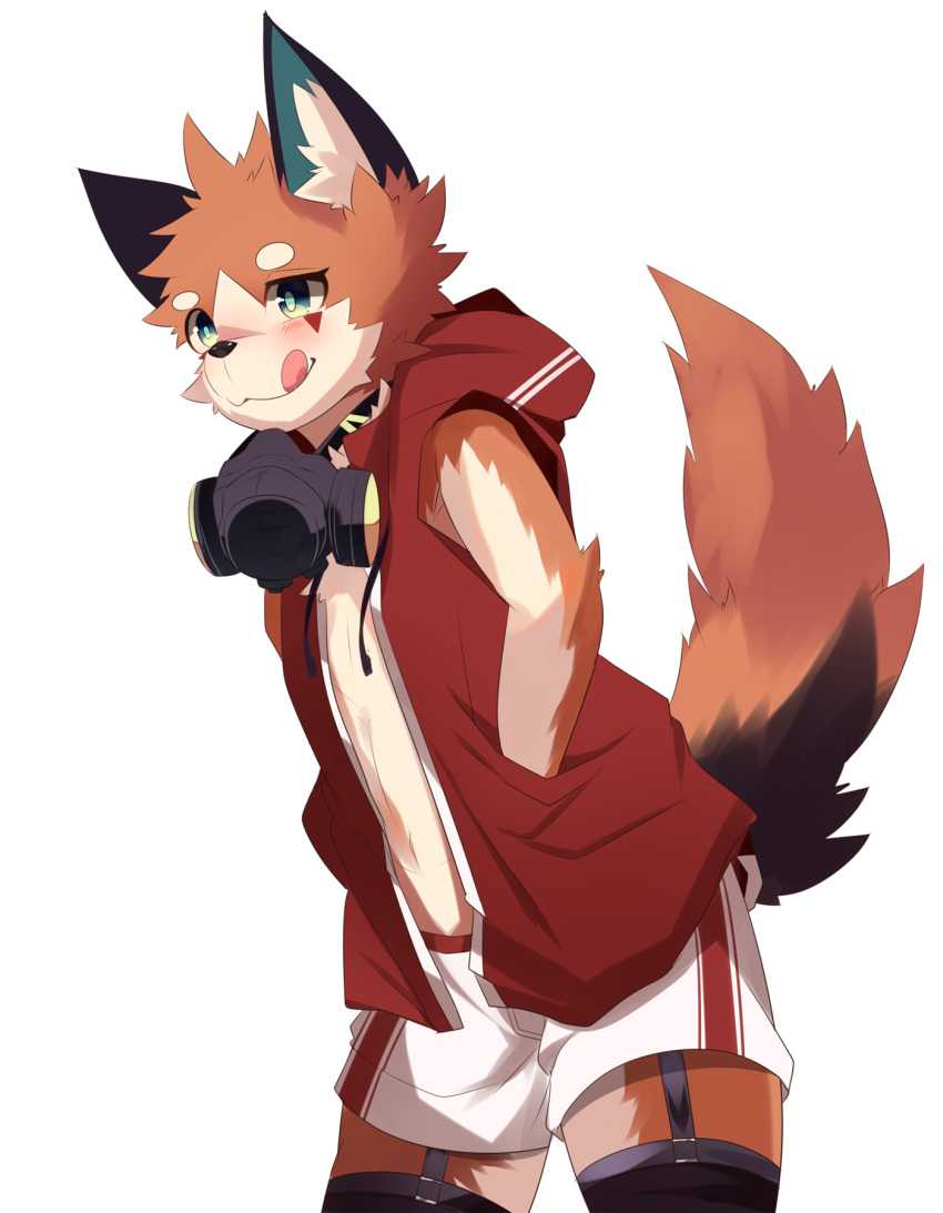 2018 7:9 anthro blush bottomwear canid canine clothing fox foxy_(nekojita) fur gas_mask hand_in_pocket hi_res hoodie male mammal mask nekojita pockets red_clothing red_topwear shaded shorts simple_background solo tongue tongue_out topwear white_background white_bottomwear white_clothing