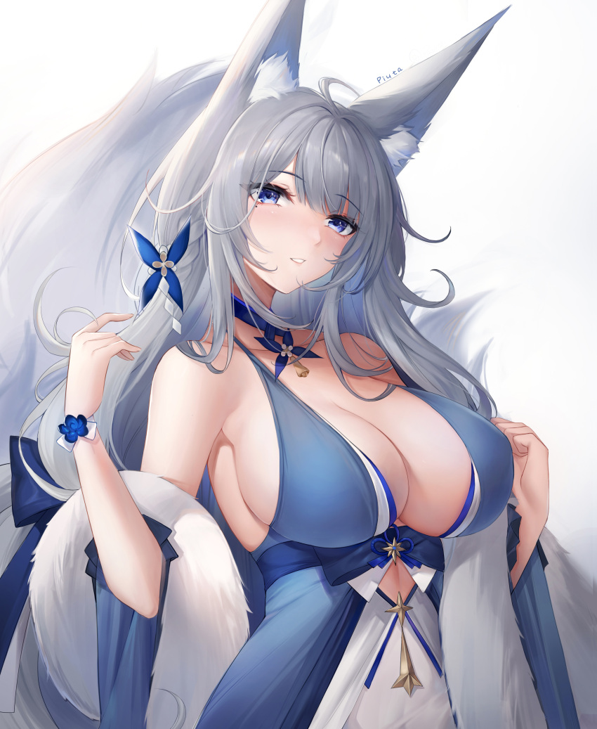 1girl absurdres ahoge animal_ear_fluff animal_ears azur_lane bare_shoulders blue_eyes breasts cleavage covered_nipples dress eyebrows_visible_through_hair flower fox_ears fox_tail gradient gradient_background grey_hair hair_flower hair_ornament highres large_breasts long_hair looking_at_viewer low_neckline mole mole_under_eye parted_lips piuta shinano_(azur_lane) sideboob sleeveless sleeveless_dress tail upper_body wrist_cuffs