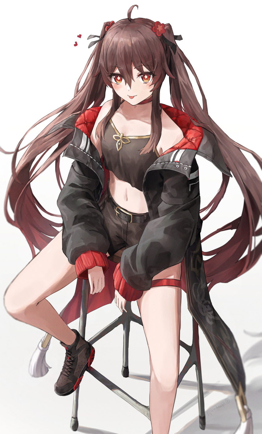 1girl :p ahoge belt belt_buckle black_belt black_jacket brown_camisole brown_hair brown_shorts buckle camisole casual collarbone colored_tips crop_top ebiri_fy flower flower-shaped_pupils genshin_impact gradient_hair hair_flower hair_ornament hair_ribbon highres hu_tao_(genshin_impact) jacket long_hair looking_at_viewer midriff multicolored_hair navel off_shoulder red_eyes red_hair ribbon shoes shorts sitting sneakers solo stomach stool symbol-shaped_pupils tassel thigh_strap tongue tongue_out twintails