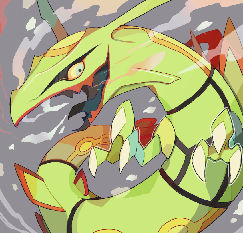 akadako animal_focus black_sclera claws colored_sclera commentary_request dated_commentary dragon full_body grey_background highres looking_to_the_side no_humans one-hour_drawing_challenge open_mouth partial_commentary pokemon pokemon_(creature) rayquaza sharp_teeth solo teeth yellow_eyes