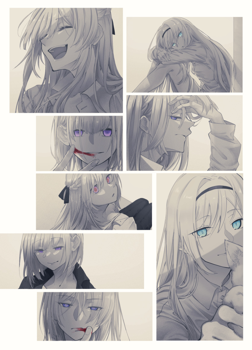 4girls absurdres ak-12_(girls'_frontline) ak-15_(girls'_frontline) an-94_(girls'_frontline) animal aqua_eyes bangs black_hairband black_pants black_shirt blood blood_on_face blush braid cat closed_eyes closed_mouth commentary defy_(girls'_frontline) eyebrows_visible_through_hair flashback girls'_frontline greyscale hair_ribbon hairband highres holding holding_animal holding_cat long_hair looking_at_viewer looking_down monochrome multiple_girls multiple_views open_mouth pants purple_eyes rabb_horn ribbon rpk-16_(girls'_frontline) sad shirt short_hair side_braid smile teeth unhappy upper_teeth white_shirt