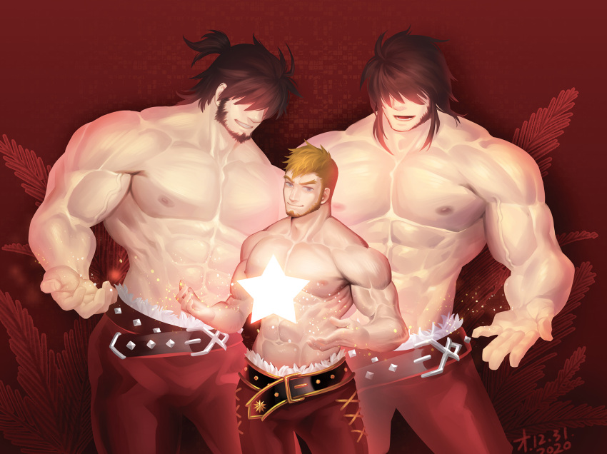 3boys abs bangs bara covered_eyes highres large_pectorals lrpanda00 male_focus mature_male multiple_boys muscular muscular_male navel nipples original pectorals smile stomach topless topless_male