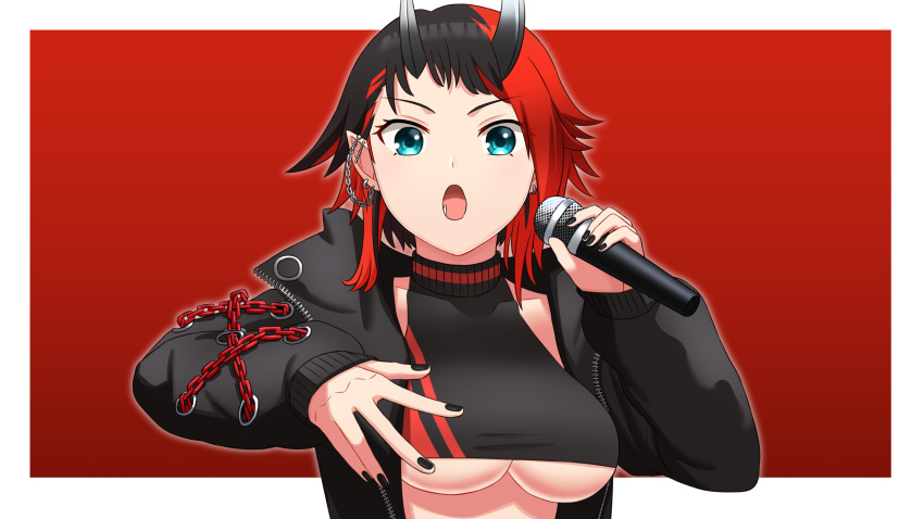 1girl bangs black_hair black_jacket black_nails black_sports_bra blue_eyes breasts chain commentary_request demon_girl demon_horns ear_chain ear_piercing highres holding holding_microphone horns jacket large_breasts long_sleeves looking_at_viewer manjuuumauma microphone multicolored_hair open_clothes open_jacket open_mouth piercing pointy_ears red_background red_hair red_sports_bra ryugasaki_rene short_hair solo sports_bra sugar_lyric two-tone_hair underboob upper_body virtual_youtuber white_background zipper