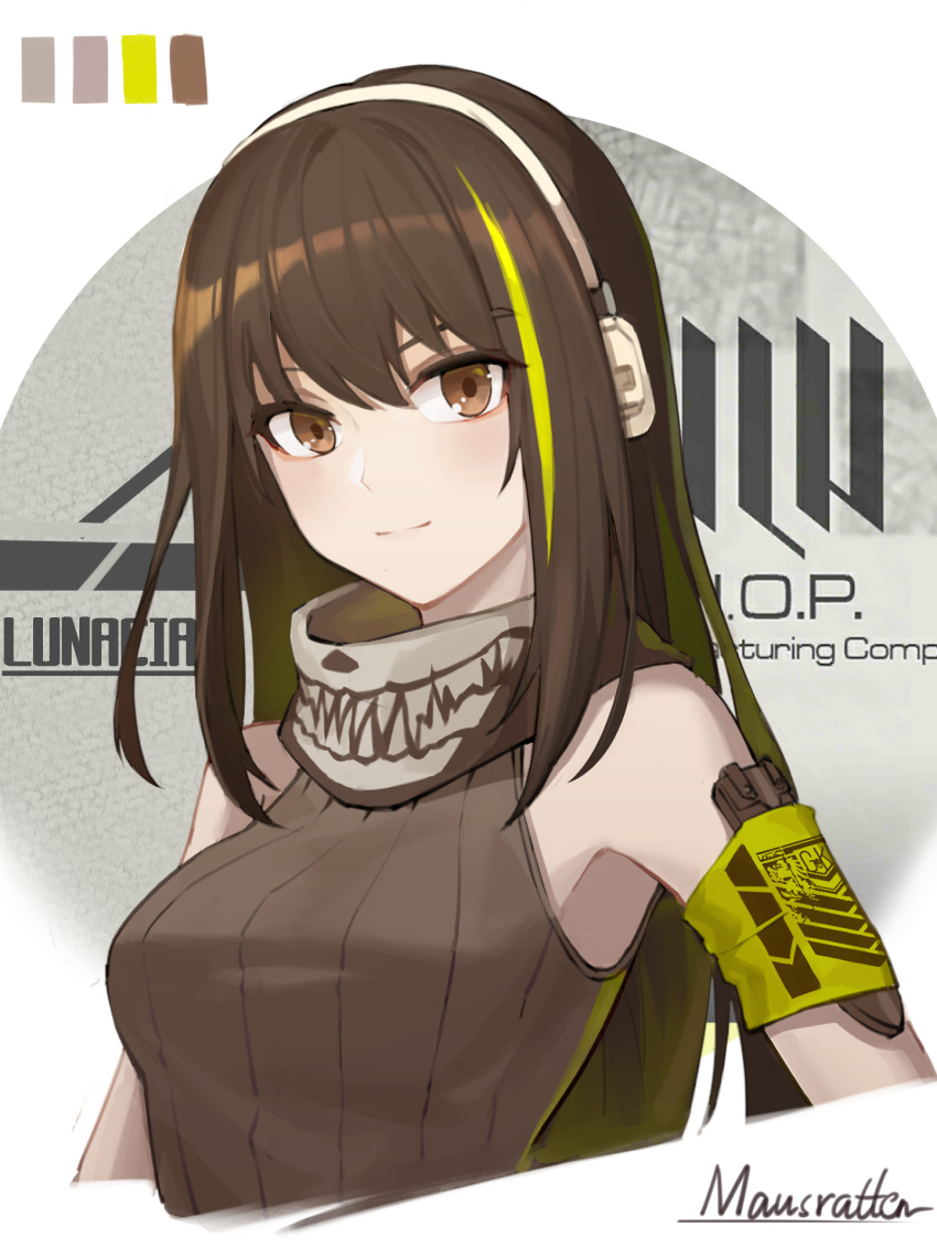 1girl armband artist_name bare_shoulders brown_eyes brown_hair color_guide girls'_frontline green_hair headset highres light_smile long_hair looking_at_viewer m4a1_(girls'_frontline) mausratten multicolored_hair revision ribbed_sweater scarf simple_background sleeveless solo streaked_hair sweater upper_body white_background