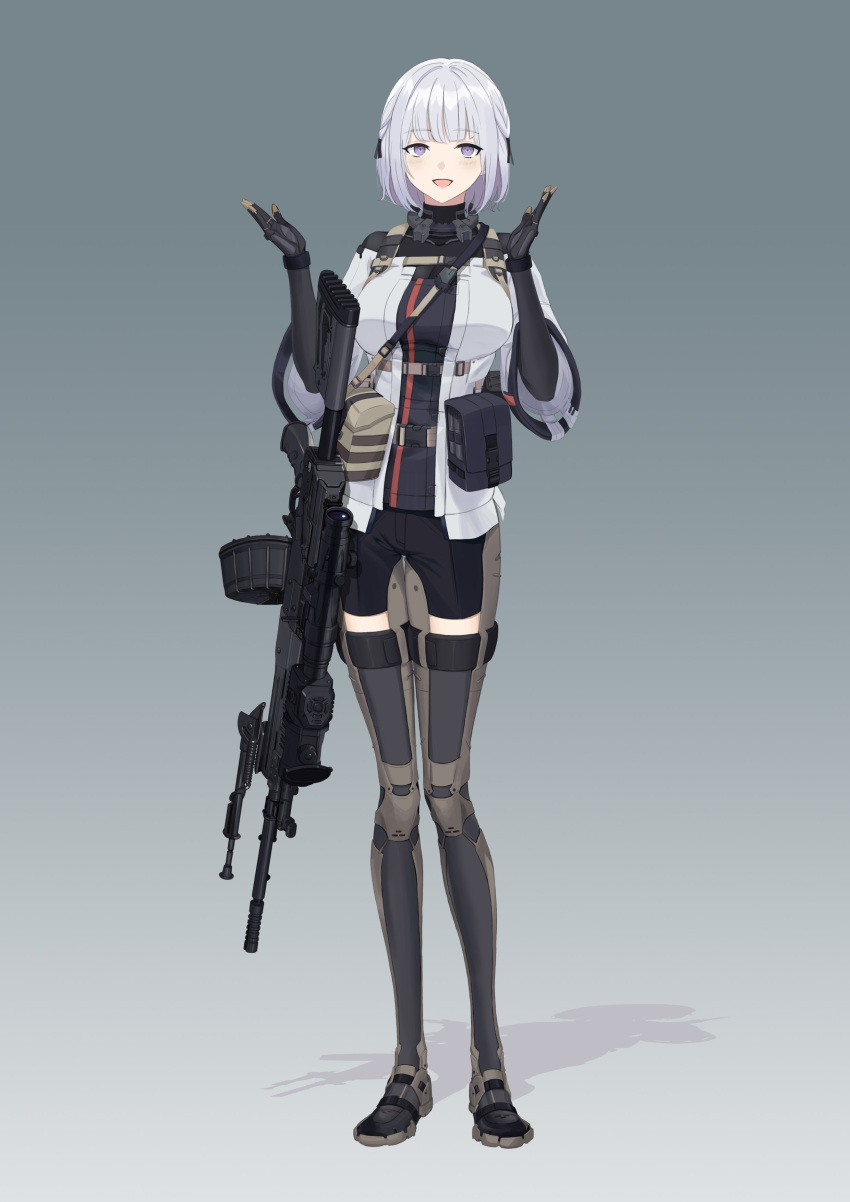 1girl absurdres black_bodysuit black_shorts bodysuit boots breasts dlarudgml21 drum_magazine full_body girls'_frontline gun highres large_breasts light_machine_gun magazine_(weapon) purple_eyes rpk-16 rpk-16_(girls'_frontline) scope short_hair short_shorts shorts silver_hair solo standing tactical_clothes thigh_boots thighhighs weapon