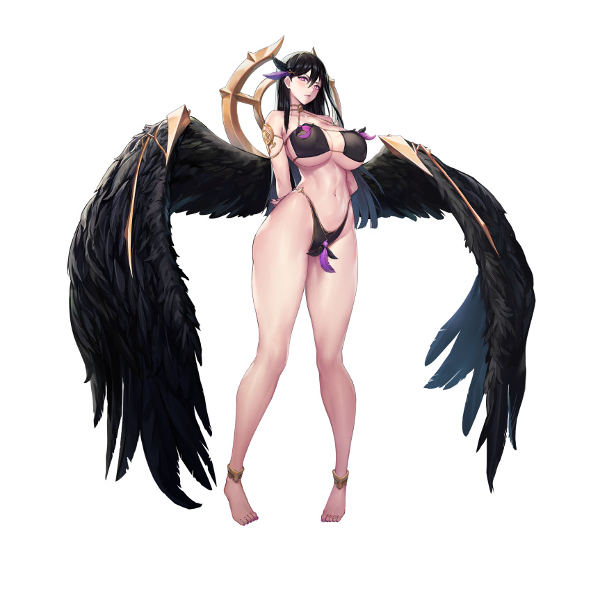 1girl barefoot bikini black_hair blush breasts feet full_body game_cg hair_between_eyes highres huge_breasts jam_(nandade) last_origin long_hair looking_at_viewer micro_bikini navel official_art purple_eyes revealing_clothes saraqael_(last_origin) solo swimsuit tachi-e transparent_background wings