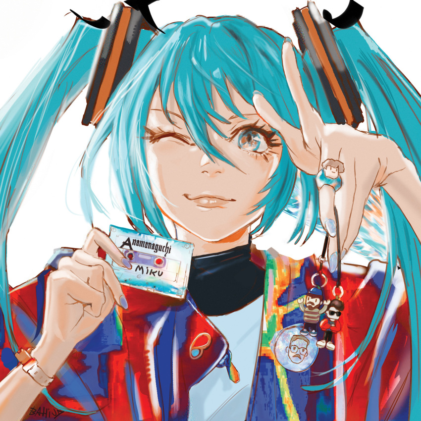 1girl bahi_jd blue_eyes blue_hair closed_mouth hatsune_miku hatsune_miku_(append) highres holding jewelry looking_at_viewer nail one_eye_closed ring smile solo vocaloid vocaloid_append watch