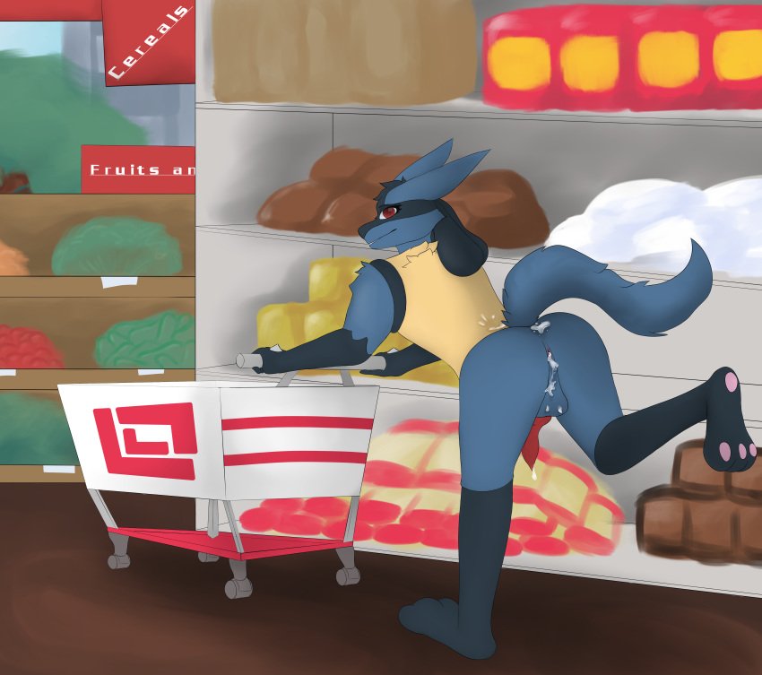 absurd_res anthro balls barefoot blue_body blue_fur bodily_fluids butt cum cum_in_ass cum_inside cum_on_balls cum_on_butt cum_on_penis dexel's_arts feet fur genital_fluids genitals girly hi_res knot looking_at_viewer looking_back lucario male nintendo penis pok&eacute;mon pok&eacute;mon_(species) raised_tail red_eyes shopping solo store video_games yellow_body yellow_fur