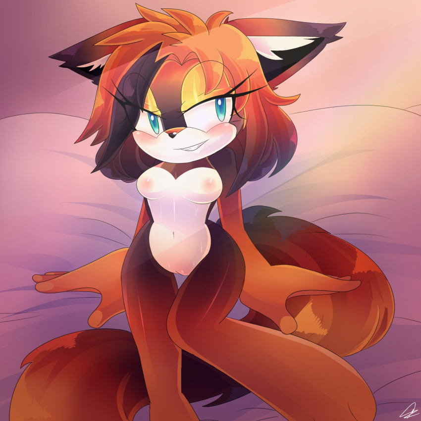 anthro bedroom_eyes black_body black_fur breasts canid canine fan_character female fox fur hair hi_res mammal multicolored_body multicolored_fur multicolored_hair multicolored_tail narrowed_eyes nude orange_body orange_fur orange_hair pinkuunegai seductive sega sitting smile solo sonic_the_hedgehog_(series)