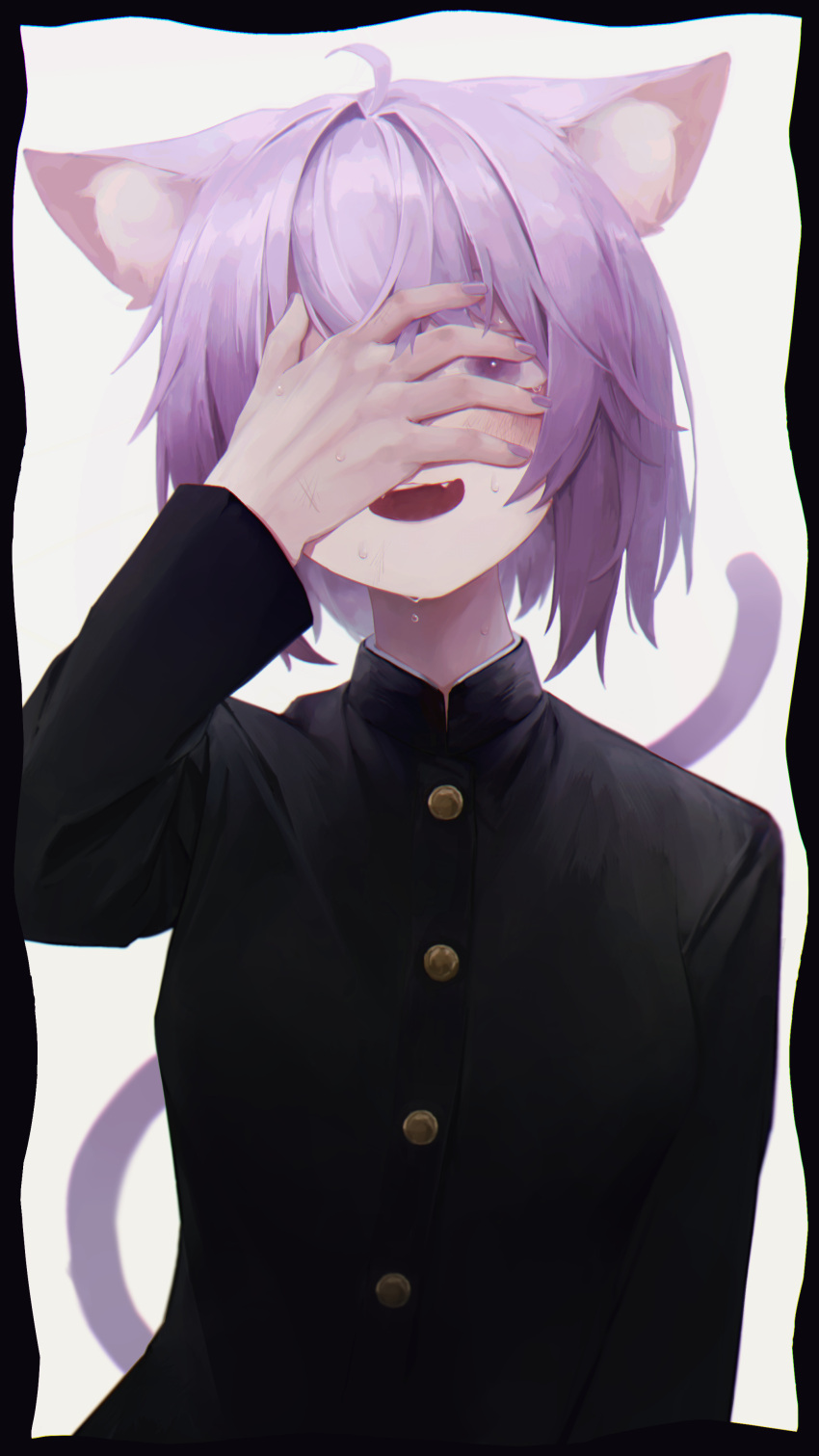 1girl :d absurdres animal_ears bangs buttons cat_ears cat_girl cat_tail covering_eyes gakuran highres hololive long_sleeves looking_at_viewer nanome_to nekomata_okayu peeking_through_fingers purple_eyes purple_hair school_uniform short_hair smile solo tail upper_body virtual_youtuber