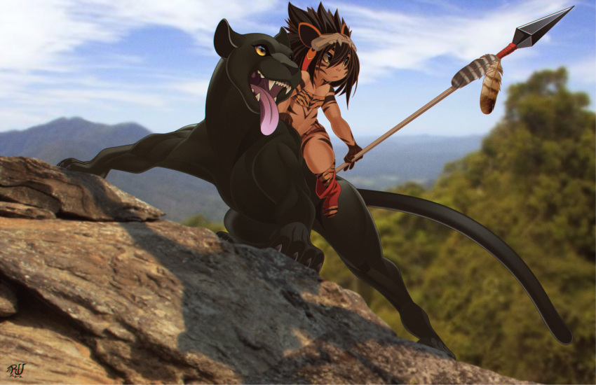 2022 ambiguous_gender black_body black_fur child claws clothed clothing day detailed_background digital_media_(artwork) duo felid female feral fur hi_res human mammal melee_weapon open_mouth outside pantherine polearm rudragon sky spear teeth tongue weapon young
