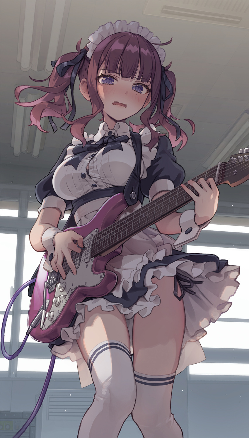 1girl bangs breasts button_gap cevio electric_guitar feet_out_of_frame frills guitar hair_ribbon highres holding holding_instrument indoors instrument knees_together_feet_apart kurobuta_gekkan light_particles looking_at_viewer maid_headdress medium_breasts mole mole_under_eye music natsuki_karin neck_ribbon open_mouth panties partially_unbuttoned playing_instrument plectrum puffy_short_sleeves puffy_sleeves purple_eyes purple_hair ribbon short_hair short_sleeves side-tie_panties solo standing synthesizer_v thighhighs thighs twintails underwear white_legwear wrist_cuffs