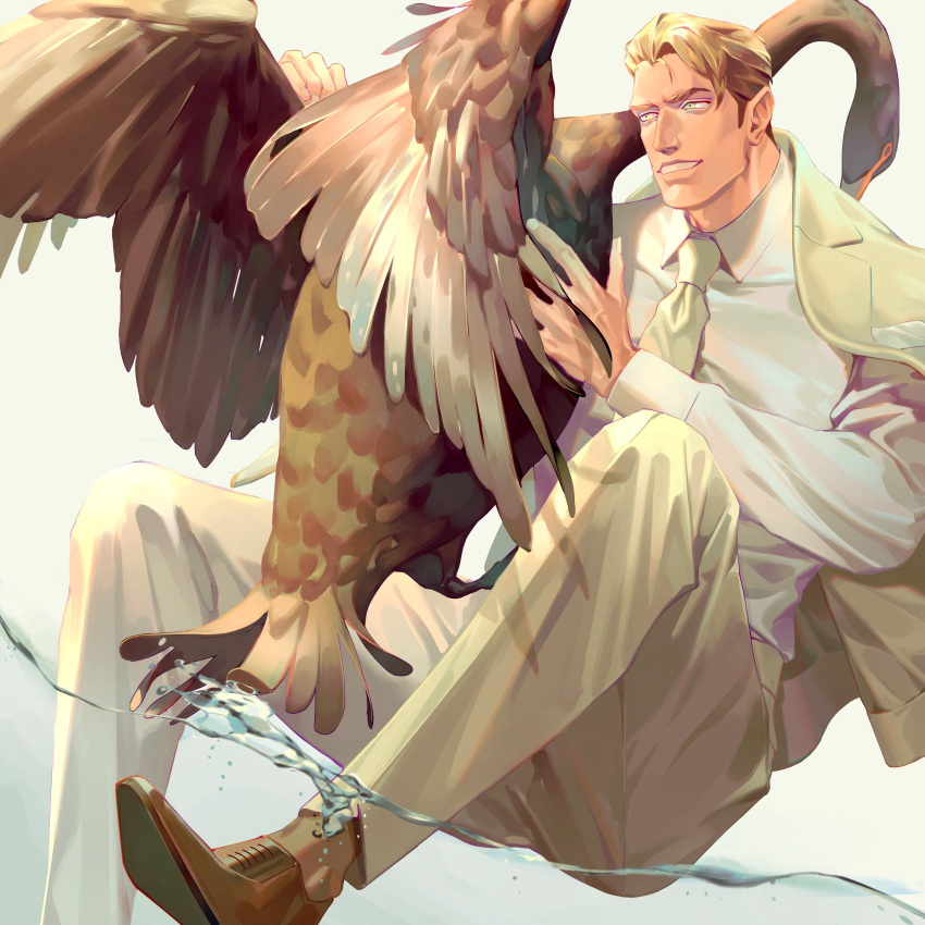 1boy bara bird coat collared_shirt commentary_request formal goose highres lapel long_sleeves male_focus mature_male muscular muscular_male necktie original reisei_zero shirt smile solo